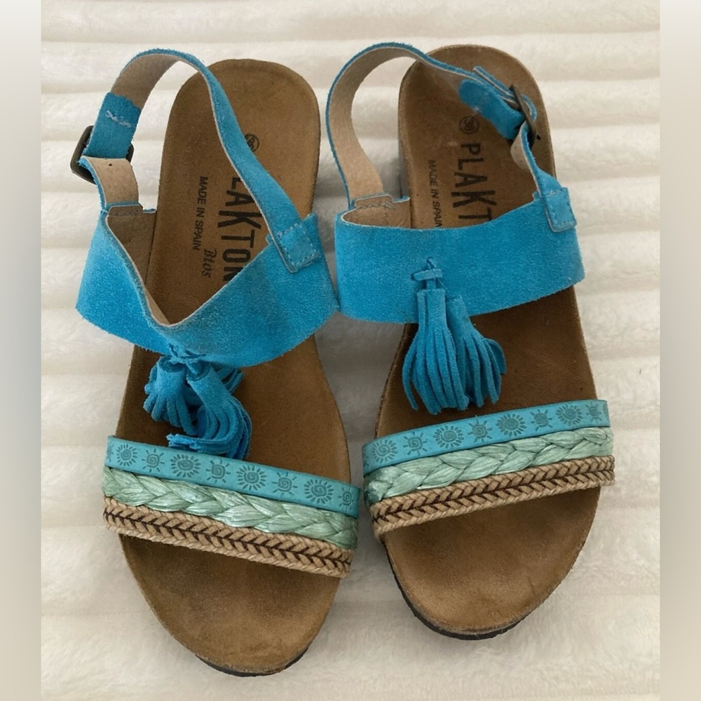Plakton Bios Natural Cork Wedge Heel Crisscross Sandals Leather Size 38